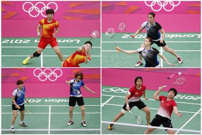 Theo chiều kim đồng hồ: Wang Xiaoli (trái) và Yang Yu của Trung Quốc, Jung Kyung Eun (trên) và Kim Ha Na của Hàn Quốc, Greysia Polii và Meiliana Jauhari từ Indonesia và Ha Jung-eun (trái) của Kim Min-jung của Hàn Quốc. 8 VĐV cầu lông này bị đuổi khỏi Olympic vì tham gia dàn xếp tỷ số.